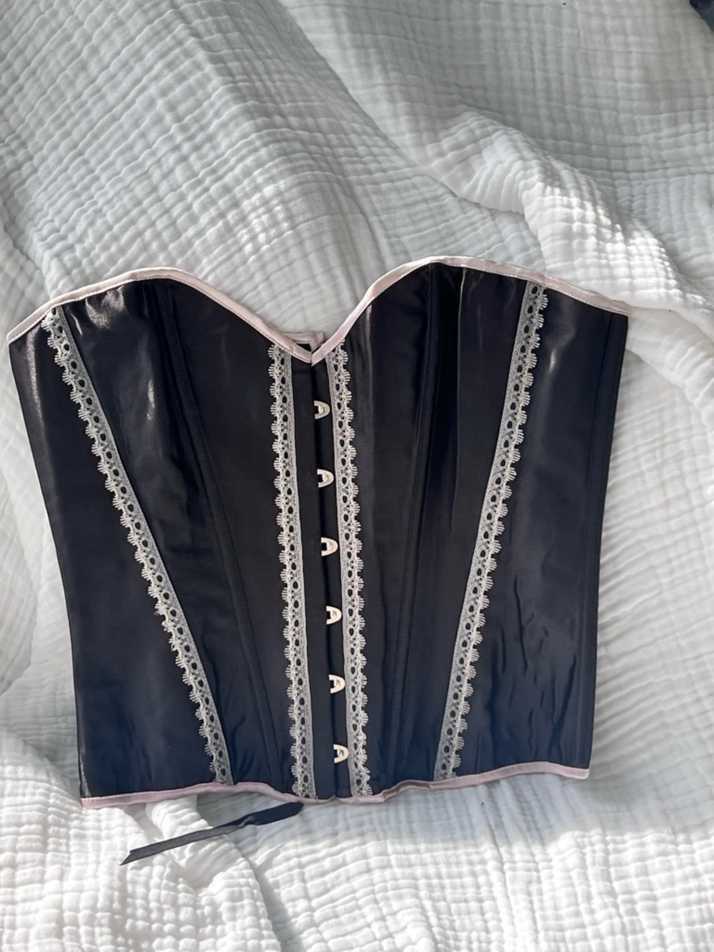 Y2K Black Corset Pink Trim Bustier Strapless Lace Up Back Going Out Top
